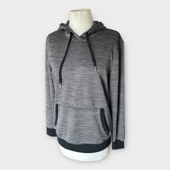Womens PrAna Striped Hoodie Sweatshirt sz Large Black Gray Stripes Gorpcore Cozy - Picture 1 of 9